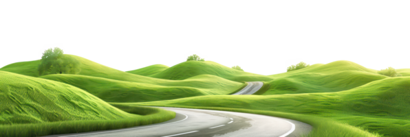 AI generated Winding road through lush green hills on transparent background - stock png. png