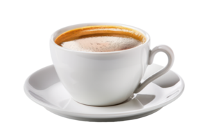 AI generated Steaming espresso coffee in a white ceramic cup with saucer on transparent background - stock png. png