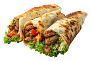 AI generated Delicious shawarma wraps with meat and vegetables on transparent background - stock png. png