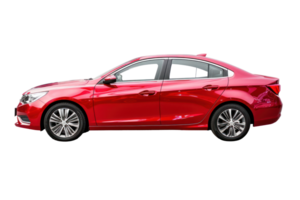 AI generated Red sedan car, side view on a transparent background png