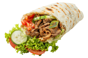 AI generated Tasty gyro wrap with beef and fresh vegetables on transparent background - stock png. png