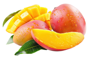 AI generated Ripe mango and juicy slices on transparent background - stock png. png