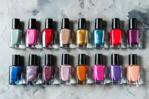 AI generated Colorful Array of Nail Polish Bottles Neatly Aligned on a Marbled Background photo