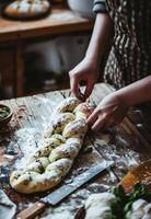 AI generated Hand-Crafted Artisan Bread Being Prepared on a Rustic Kitchen Table photo