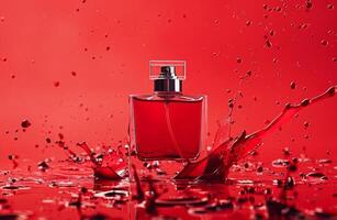 AI generated Elegant Perfume Bottle Amidst Dynamic Splash of Crimson Liquid photo