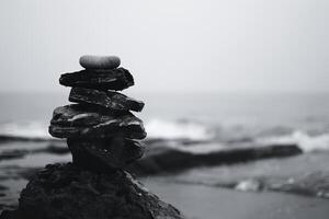 AI generated Balanced Stack of Stones by the Sea on Overcast Day photo