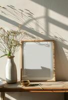 AI generated Wooden Picture Frame on Wooden Table With Dry Flowers in Vase During Afternoon photo