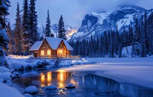 ai generado cubierto de nieve cabina por un congelado lago en un montañoso invierno paisaje a oscuridad foto
