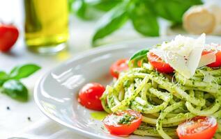 ai generado Fresco pesto pasta coronado con Cereza Tomates y parmesano en un brillante día foto