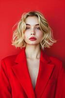 ai generado confidente joven mujer en rojo chaqueta de sport en contra vibrante rojo antecedentes foto