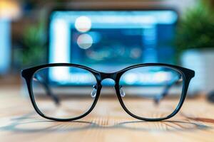 AI generated Close-Up of Black Eyeglasses on a Wooden Desk With Blurred Computer Screen in Background photo