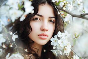 ai generado joven mujer adornado con un delicado floral corona posando en suave natural ligero foto