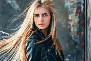 AI generated Serene Young Woman With Flowing Hair on a Windy Day Outdoors photo