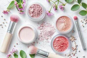AI generated Assorted Cosmetic Powders and Brushes With Floral Accents on a Bright Surface photo