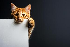 AI generated Playful Orange Tabby Cat Peeking Around the Corner on a Dark Background photo