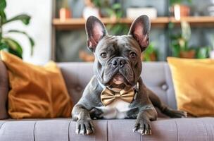 AI generated Portrait of a  French Bulldog Wearing a Bow Tie on a Sofa photo