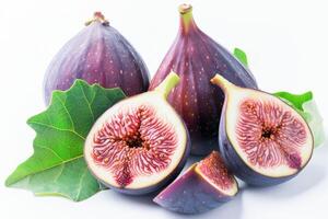 AI generated Fresh Purple Figs Halved and Whole With Green Leaves on White Background photo