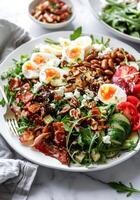 AI generated Fresh Garden Salad With Boiled Eggs, Tomatoes, Bacon, and Pecans on a Bright Day photo