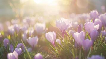 AI generated Purple Crocus Flowers Blooming in a Sunny Spring Field at Dawn photo