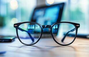 AI generated Close-Up View of Eyeglasses With Blurred Laptop and Smartphone in Background photo