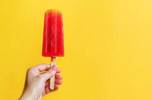 ai generado mano participación un vibrante rojo paleta de hielo en contra un brillante amarillo antecedentes foto