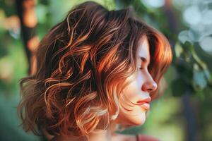 ai generado de cerca retrato de un joven mujer con vibrante rojo pelo y suave luz de sol foto