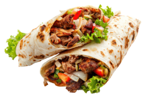 AI generated Delicious shawarma wraps with meat and vegetables on transparent background - stock png. png