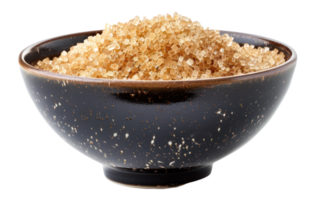 AI generated Organic brown sugar in black bowl on transparent background - stock png. png