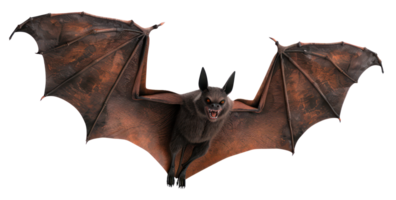 AI generated Brown bat with widespread wings flying on transparent background - stock png. png