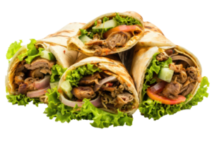 AI generated Delicious shawarma wraps with meat and vegetables on transparent background - stock png. png