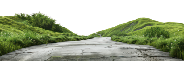 AI generated Winding road through lush green hills on transparent background - stock png. png