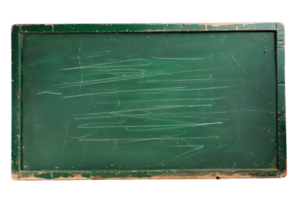 AI generated Old green chalkboard with wooden frame and scratched texture on transparent background - stock png. png