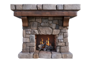 AI generated Stone fireplace with blazing fire on transparent background - stock png. png