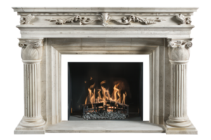 AI generated Stone fireplace with blazing fire on transparent background - stock png. png