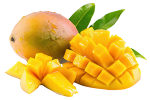 AI generated Ripe mango and juicy slices on transparent background - stock png. png