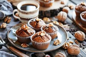 AI generated Autumn Morning Breakfast Table Featuring Freshly Baked Pecan Muffins and Steaming Coffee photo