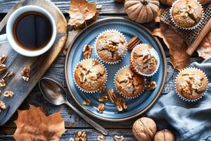 AI generated Autumn Morning Breakfast Table Featuring Freshly Baked Pecan Muffins and Steaming Coffee photo