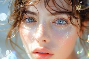 AI generated Close-Up Portrait of a Young Woman With Striking Blue Eyes and Freckles photo