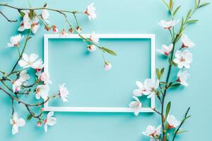 AI generated White Picture Frame Surrounded by Colorful Spring Flowers on a Turquoise Background photo