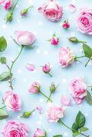 AI generated Scattered Pink Roses and Petals on Pastel Blue Background Capturing a Whimsical Floral Arrangement photo