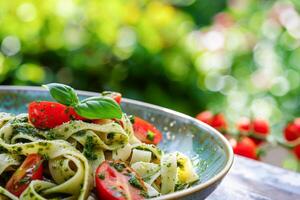 AI generated Fresh Pesto Pasta Salad With Cherry Tomatoes and Basil in Natural Daylight photo