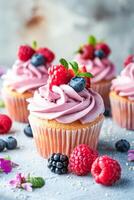 AI generated Assorted Berry-Topped Cupcakes With Pink Icing photo