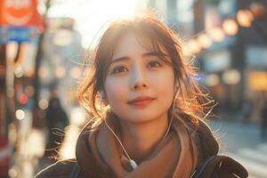 AI generated Young Woman Listening to Music With Earphones in Urban Evening Setting photo