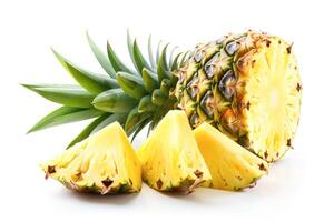 AI generated Fresh Pineapple and Slices Against a White Backdrop photo