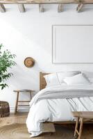 AI generated Modern Bedroom Interior With Wooden Bed and Blank Canvas on Wall photo