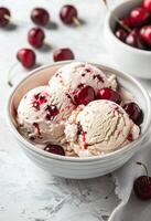 AI generated Scoops of Vanilla Ice Cream With Fresh Red Cherries in a White Bowl photo