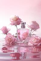 AI generated Elegant Perfume Bottle Surrounded by Pink Roses and Petals on a Reflective Surface photo