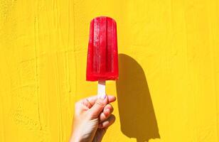 AI generated Hand Holding a Vibrant Red Popsicle Against a Bright Yellow Background photo