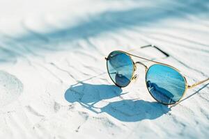 AI generated Golden Sunglasses Resting on a Sunlit Sandy Beach During a Bright Summer Day photo