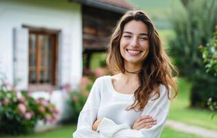 AI generated Young Woman Smiling in a Sunny Backyard With Lush Greenery and Modern Home Behind photo